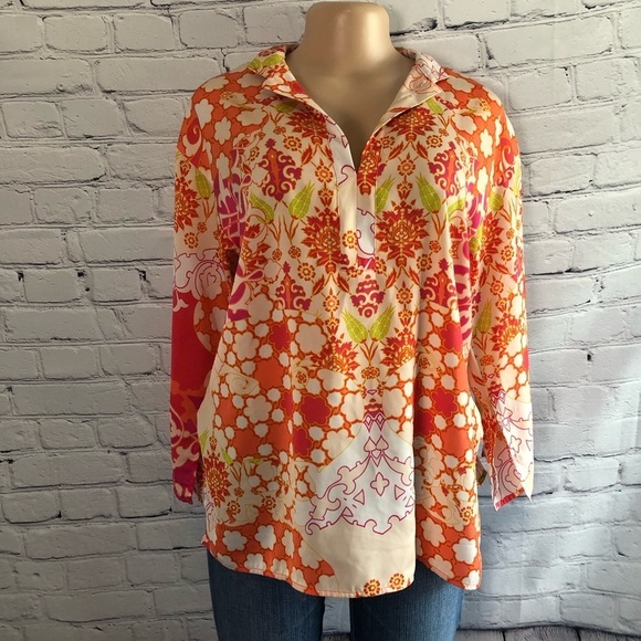 Josie Natori Long Sleeve Orange Geometric Blouse - Picture 1 of 12